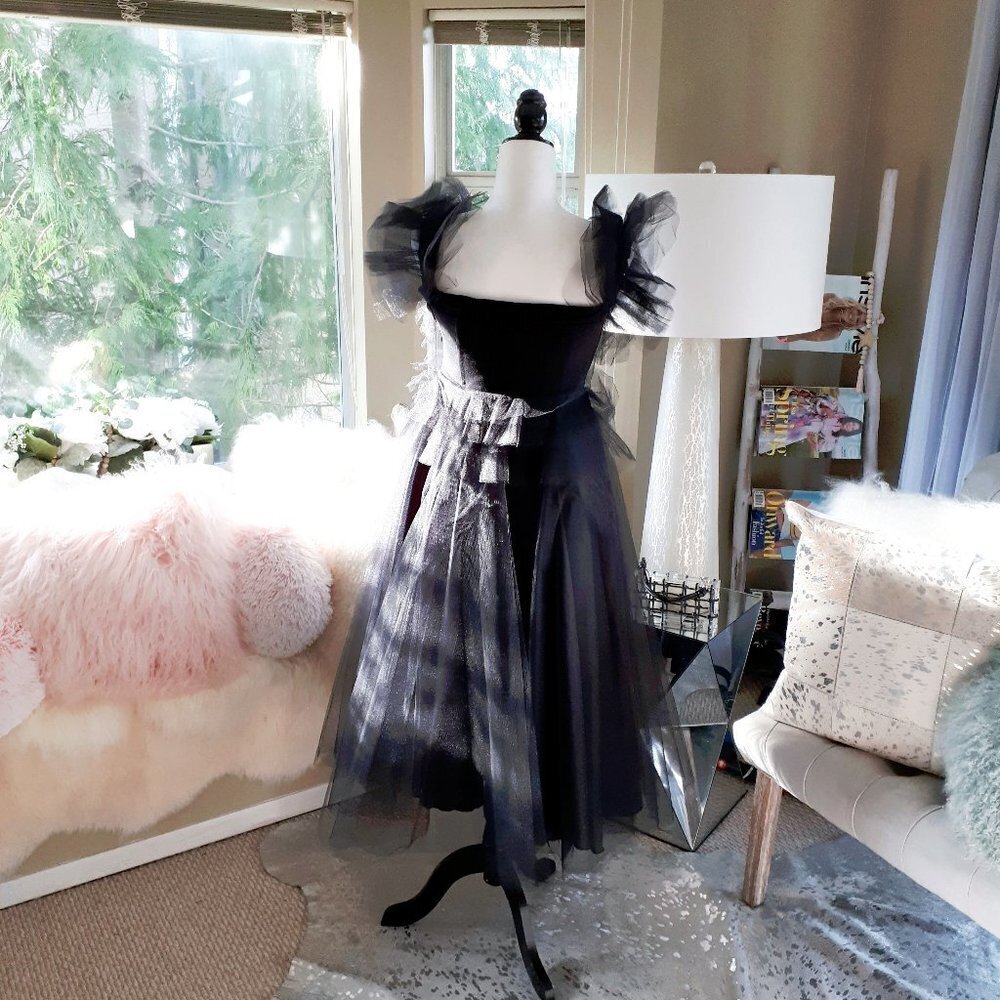 NWOT Imperial Maska Mode black tulle organza tiered ruffle long holiday dress, M - Picture 7 of 15